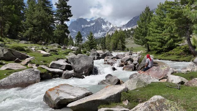 Aerial video over the Indus River and beautiful views at Qumran Village Skardu