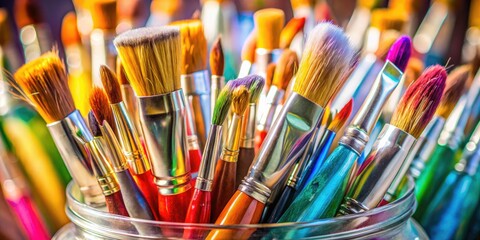 Candid shot:  Artist's paintbrushes nestled in a glass jar, professional quality supplies for fine art painting.