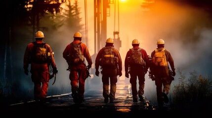 Fototapeta premium A group of workers walking towards a sunset in a smoky environment, showcasing teamwork.