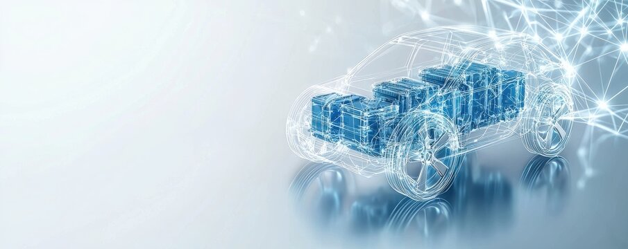 A futuristic electric car design made of blue blocks, symbolizing innovation and technology in the automotive industry.