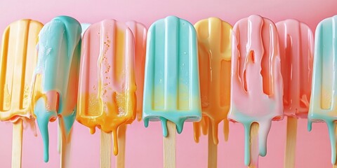 Popsicle ice cream with pastel colors- melting and dripping on the stick. Colorful summer popsicles...