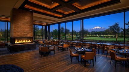 Fototapeta premium Luxurious Restaurant With Mountain View And Fireplace