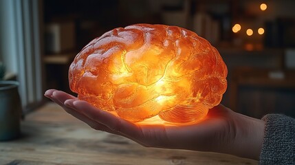 Illuminated Brain Model Held in Gentle Hands