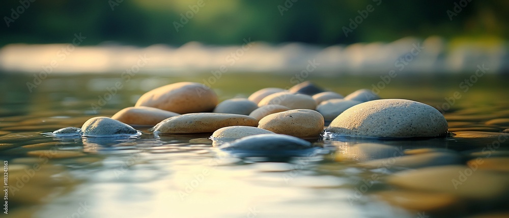 Canvas Prints Smooth river stones at sunset, calm water. Nature background