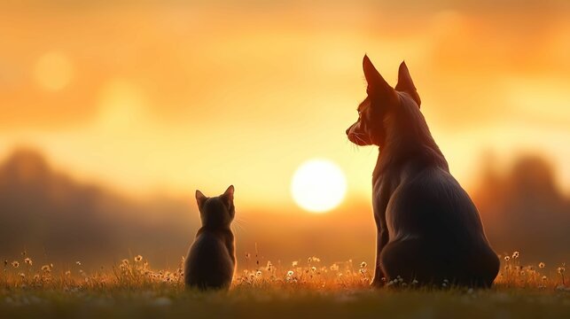 A serene sunset scene featuring a dog and a cat sitting side by side, gazing at the horizon, symbolizing companionship and tranquility.