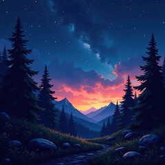 Muted forest at dusk with twinkling stars in a vast blue sky, twilight, foliage