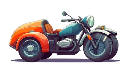 Fototapeta premium a 2D cartoon illustration of a motorcycle with a sidecar, adventurous and fun, white background--ar 16:9