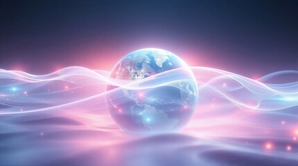 Gravitational Waves passing through a transparent Earth, rendered in glowing bioluminescent and soft pastel colors. The waves are bright, wavy lines, gently distorting the surface.