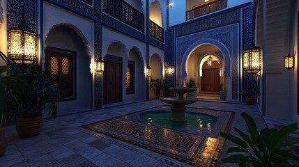 Traditional Moroccan riad with colorful mosaics, an open central courtyard, and a fountain, lit by lanterns at dusk 