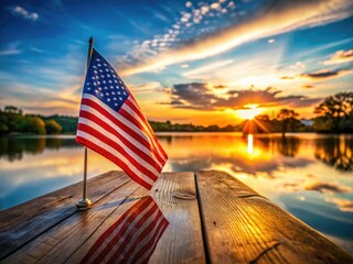 Close-up patriotic lake views: USA flag, celebrating Independence, Veterans, and Presidents' Days.