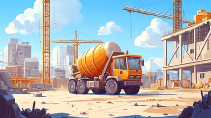 a 2D cartoon illustration of a cement mixer truck at a construction site, essential and busy, white background--ar 16:9