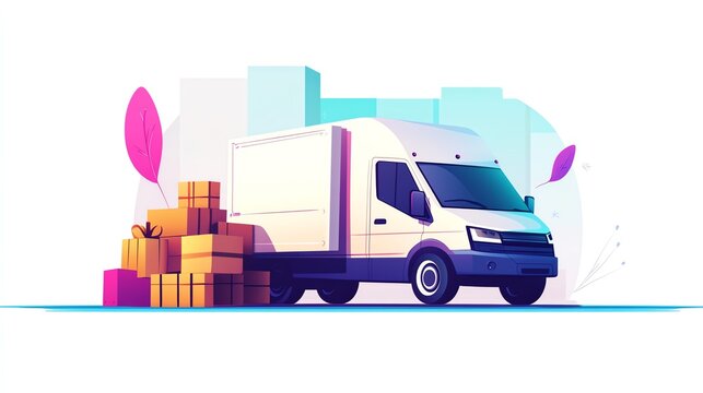 a 2D cartoon illustration of a white van delivering packages, efficient and speedy, white background--ar 16:9