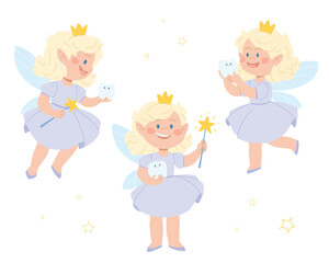 Set of magical tooth fairies with wings, teeth and a magic wand. Fairytale character for children. Dental care vector illustration