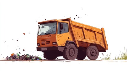 a 2D cartoon illustration of a garbage truck collecting trash, important and necessary, white background--ar 16:9