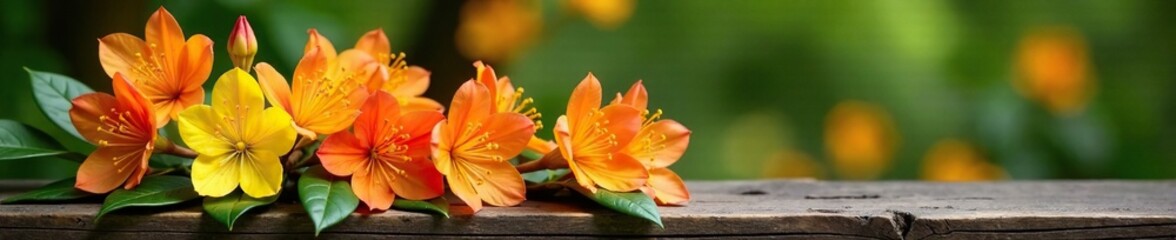 Naklejka premium Orange and yellow rhododendron flowers on a wooden bench, nature, botanical