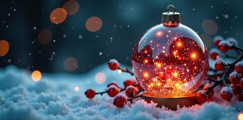 Ornate glass ball with red berry accents and warm LED lights inside, winter wonderland, illuminated object