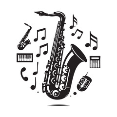 Naklejka premium Saxophone Silhouette Vector Illustration, Solid White Background.