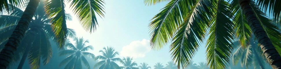 Fototapeta premium Palm fronds rustle in the gentle morning mist, palm tree tropical forest blue sky, peaceful