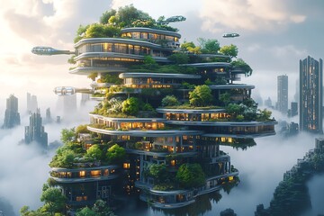 Fototapeta premium Futuristic Eco-City: A Verdant Metropolis in the Clouds