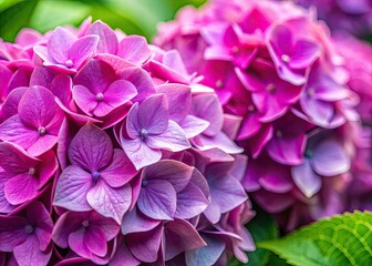 Delicate pink and lilac hydrangeas bloom in vibrant macro detail, showcasing nature's artistry.