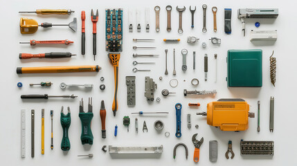High quality electrical repair tools and industrial equipment arranged neatly