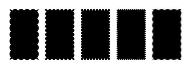 Wavy edge rectangular frame collection. Jagged rectangle border element set. Black undulate design templates for decoration, banner, poster, template, sticker, badge. Vector vintage bundle