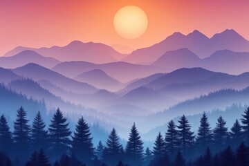 Obraz premium Sunset over misty mountains with silhouette of pine forests creating a serene landscape