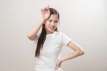 Hot weather and health care concept asian young woman suffering from heat, feeling discomfort with...