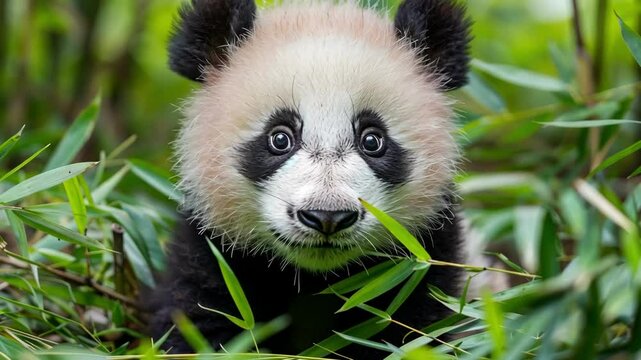 Adorable panda cub sitting in lush green bamboo forest AI