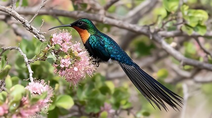 Obraz premium Vivid hummingbird feeding on pink flowers.