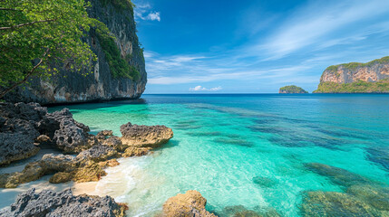 Fototapeta premium Serene tropical beach with clear turquoise water and rocky coastline under bright blue sky