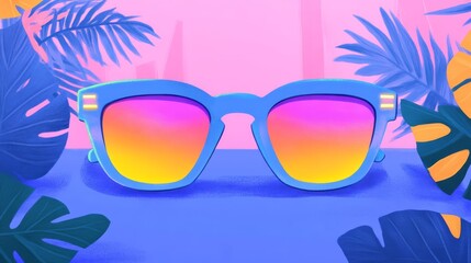 Stylish sunglasses with colorful gradient lenses surrounded by tropical leaves and copy space.