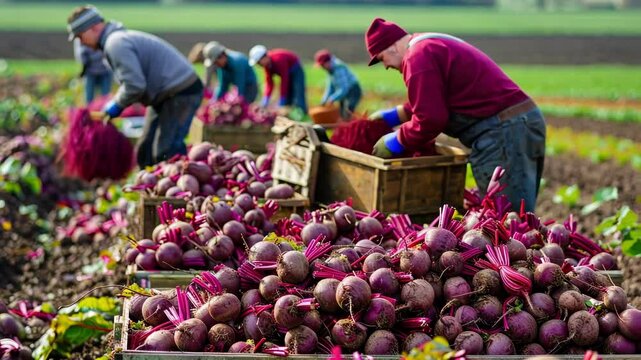 Harvesting beets on a farm: workers in a vibrant agricultural field Ai