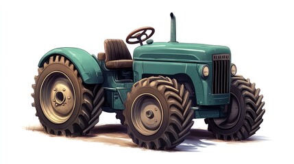 Obraz premium a 2D cartoon illustration of a classic green tractor on a farm, hardworking and useful, white background--ar 16:9