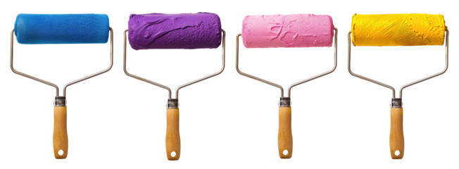 Four paint rollers isolated on transparent background
