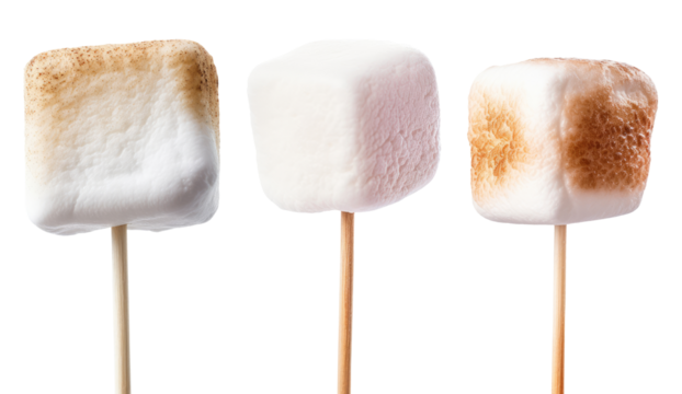Three sticks with fried marshmallow isolated on transparent background