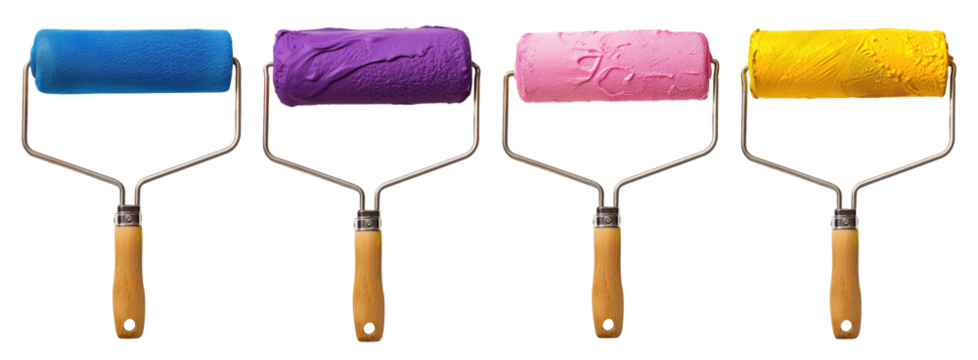 Four paint rollers isolated on transparent background