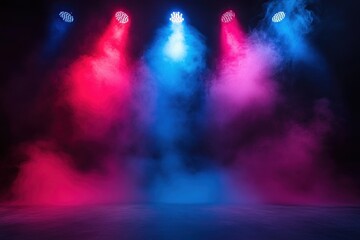 Naklejka premium Colorful stage lights create an energetic atmosphere for a live performance in a dark venue