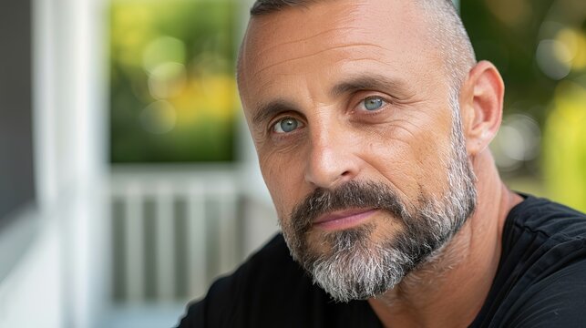 Close-up portrait of a middle-aged Caucasian man with a beard, showcasing striking blue eyes and a contemplative expression against a blurred background. - Powered by Adobe