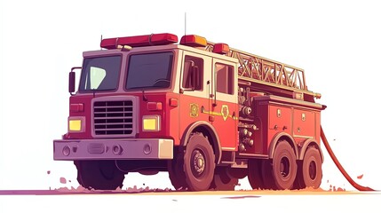 a 2D cartoon illustration of a fire engine with a ladder and hose, emergency vehicle, white background--ar 16:9