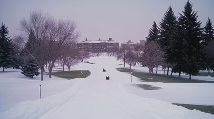 Winter Wonderland Students Sledding Down Snowy Hill