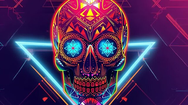 Neon skull with geometric patterns and vibrant colors glowing on a dark abstract background. ai