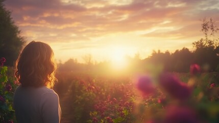 Obraz premium Woman Silhouetted Against Sunset in Flower Field