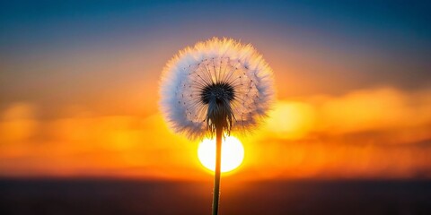 Minimalist White Dandelion Silhouette Against Sunset, Nature Photography