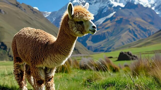 Alpaca in scenic andean meadow with snow-capped mountains AI