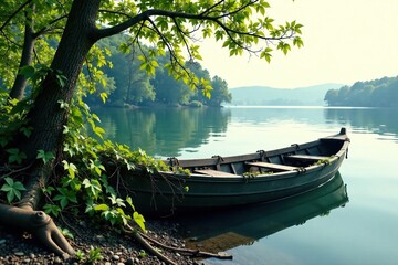 Rowboat tangled in vines and branches on the lake shore, branches, lake, lake shore