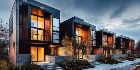 Modern townhouses, architectural design, twilight scene, warm glowing windows, contemporary facades, geometric shapes, urban residential development, blue hour lighting, symmetrical composition, minim