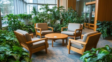 Nature-inspired office with wooden furniture, green plants, and relaxing atmosphere,