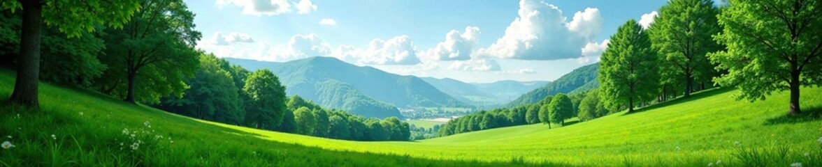 Fototapeta premium Serene green valley with towering trees and a clear sky, valley, serene, foliage