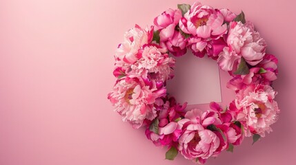 Obraz premium Beautiful Floral Wreath Featuring Pink Peonies on Soft Pink Background Ideal for Spring Decor, Celebrations, and Home Accents